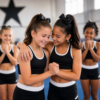 Two young cheerleaders embracing and smiling at practice
