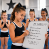 Young cheerleader writing her goals on a whiteboard while teammates cheer her on