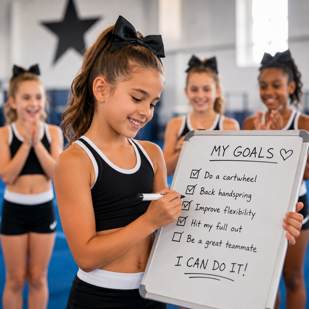 Young cheerleader writing her goals on a whiteboard while teammates cheer her on